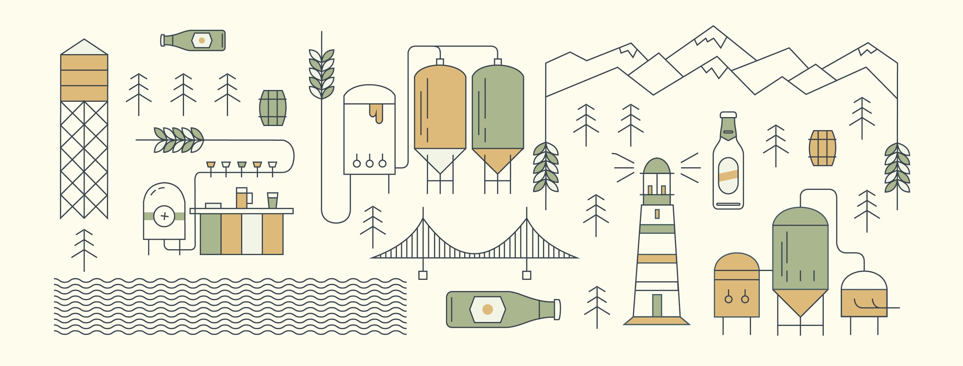 promotional illustration of Vancouver North Shore landmarks and brewery equipment for Craft Beer Week 2019