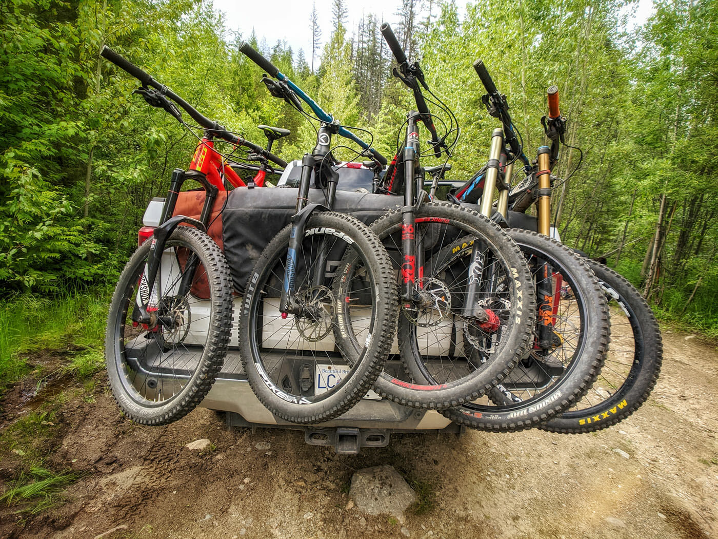 Mountain bikes loaded in the back of a truck on a forest service road.