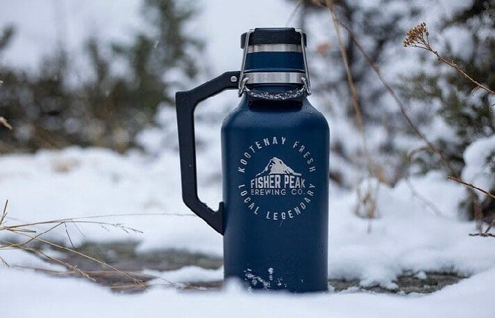 Growler in snow at Fisher Peak Brewing on the BC Ale Trail; craft beer lover's gift guide