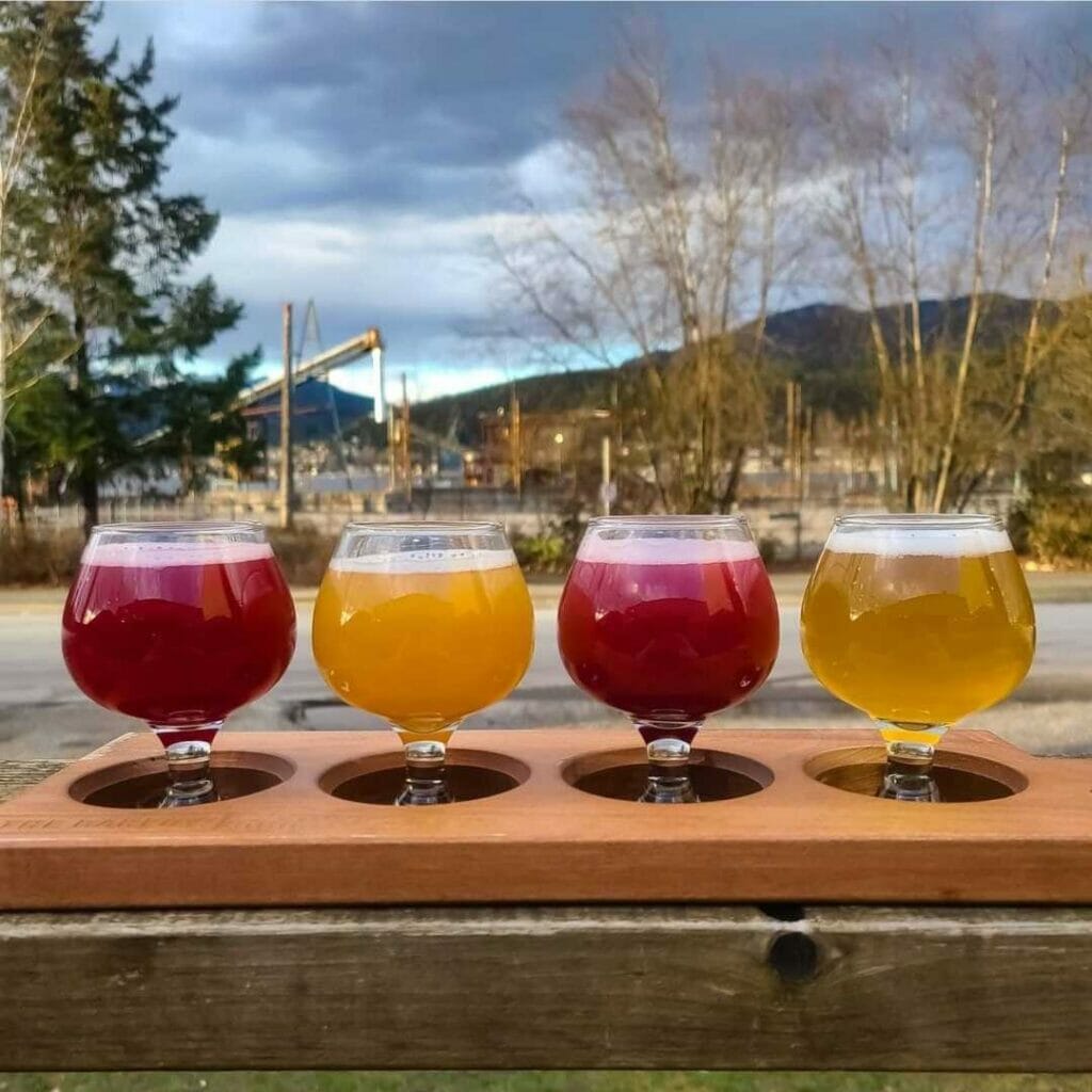 A flight on the patio at The Bakery Brewing in Port Moody on the BC Ale Trail
