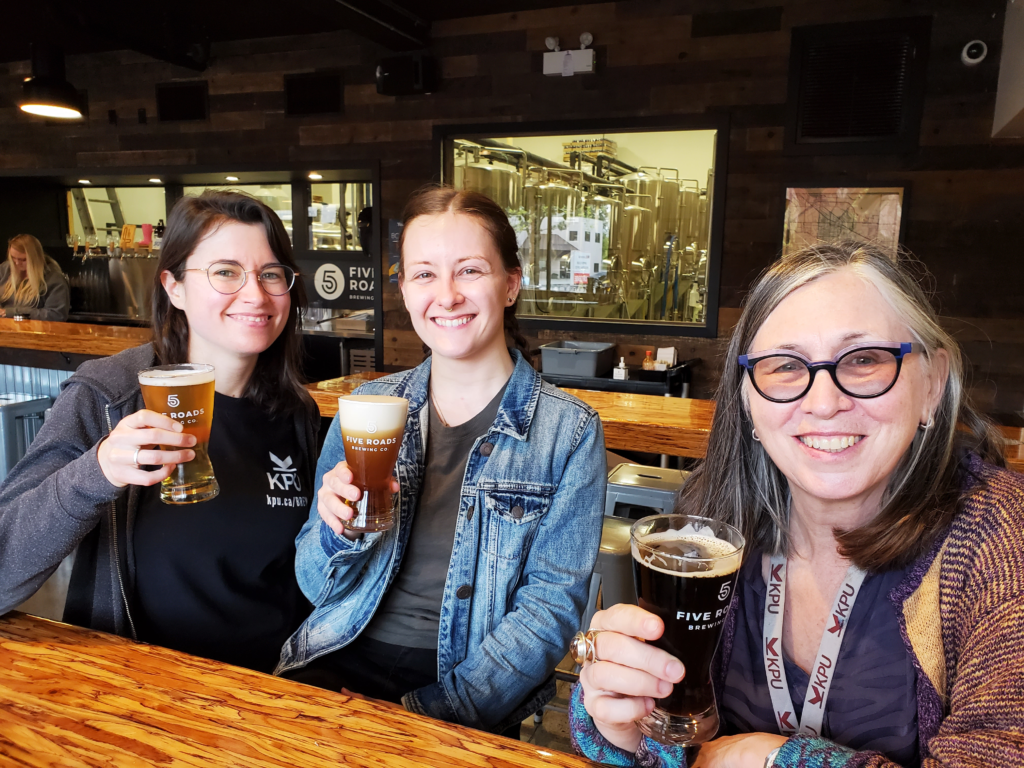 Martina Solano Bielen, Emily Kokonas and Nancy More at 5 Roads Brewing in Langley on the Fraser Valley Ale Trail