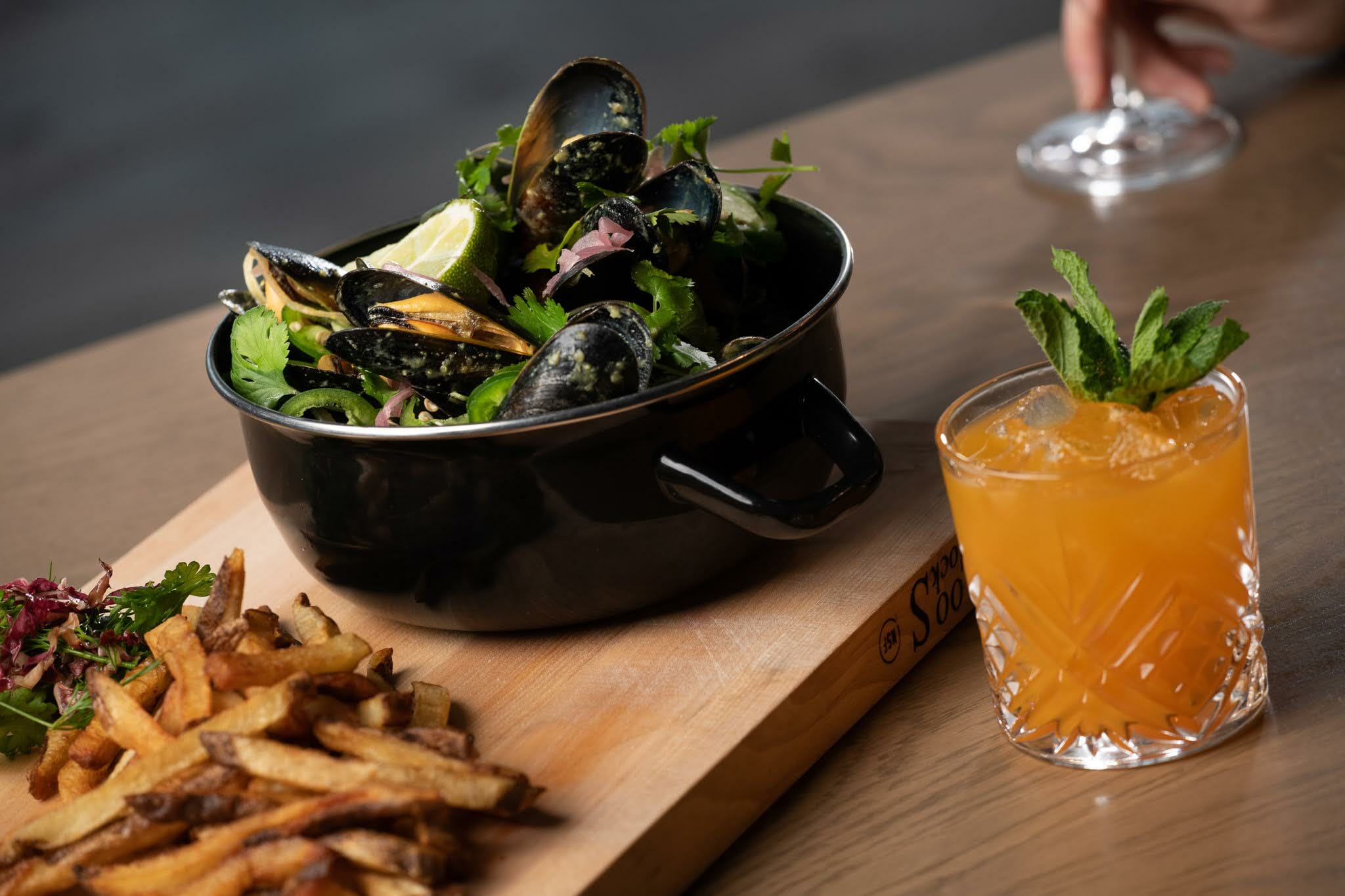 Mussels, fries and a cocktail at Seascape Restaurant